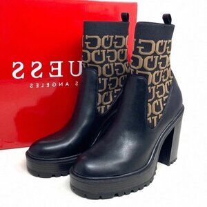 GUESS Booties Faux Black Brown Leather Canvas GFSURES Heel Size Women's